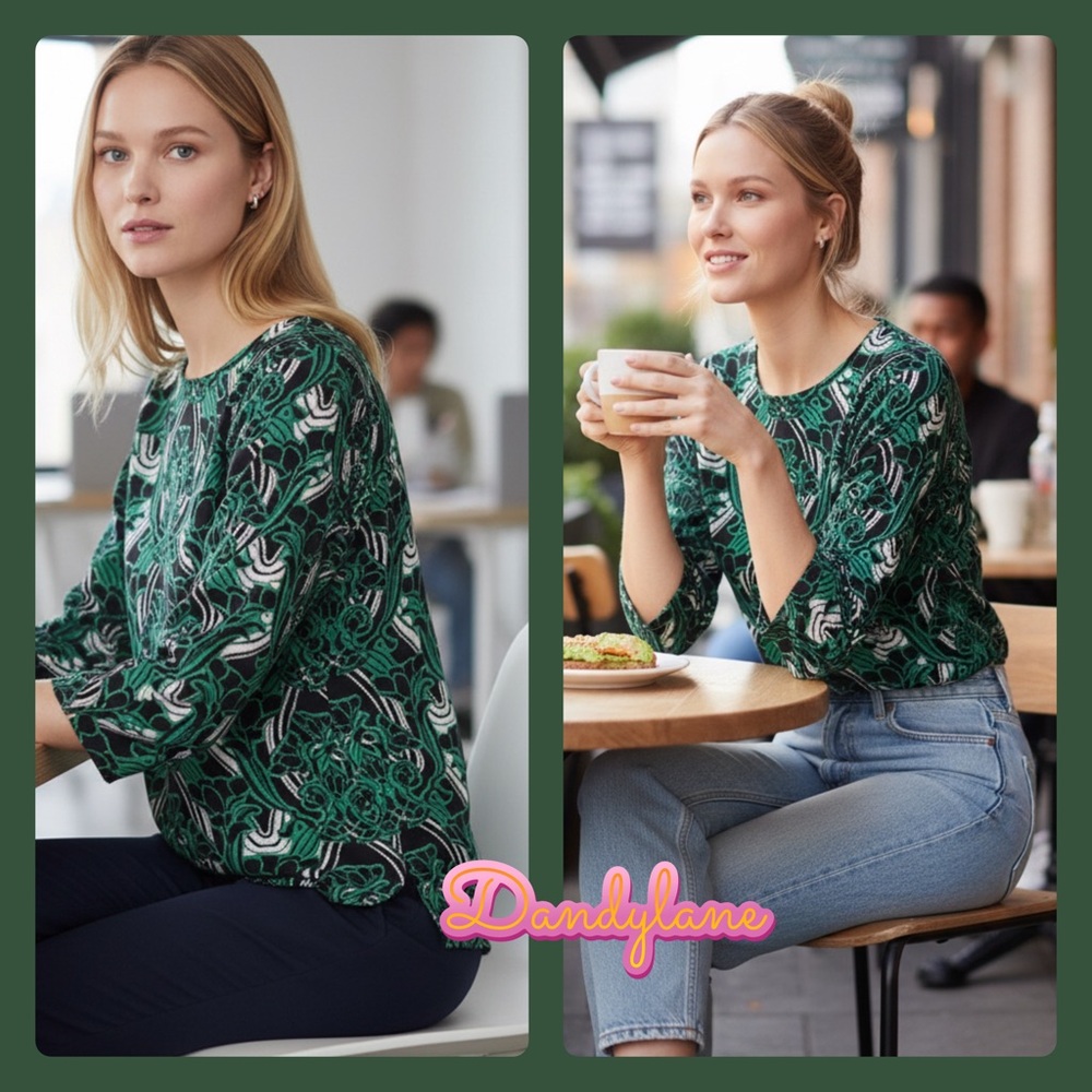 J. Crew  Retro Floral Black And Green Popover Top Size 6 (NWOT)